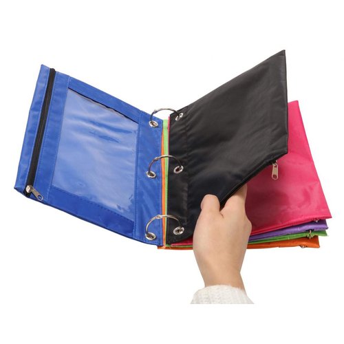 Zippered Binder Fabric Pencil Pouch 3 Rings with Clear Window for School Classroom Organizers 8 Pack (Black)