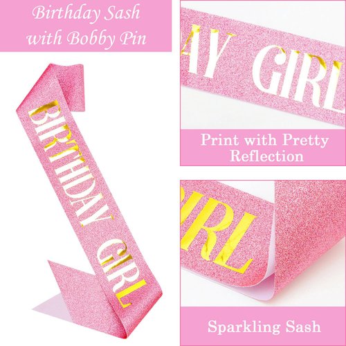 Didder Pink and Gold Birthday Sash and Crown for Women Girls Birthday Girl Sash and Tiara Princess Birthday Party Decorations Headpiece Crown Headband for Girls