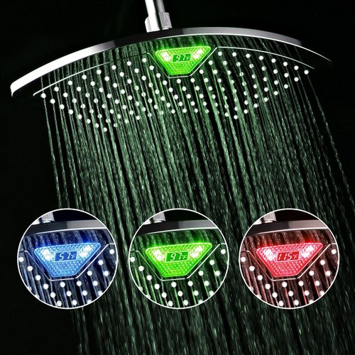 Dream Spa AquaFan 12 inch All-Chrome Rainfall-LED-Shower-Head with Color-Changing LED/LCD Temperature Display