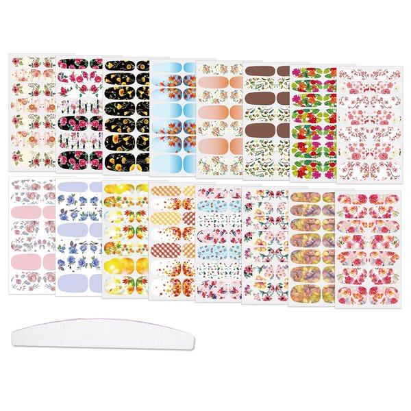 WOKOTO 16 Sheets Flowers Nail Stickers Full Nail Wraps for Women Maple Leaf Nail Polish Strips for Acrylic Nails Designs with Nail File Nail Polish Decals Self Adhesive Full Nail Stickers for Girls