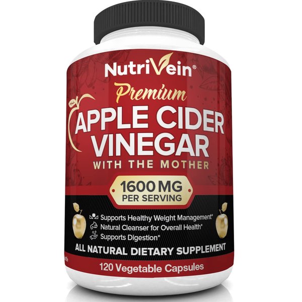 Nutrivein Apple Cider Vinegar Capsules with Mother - 1600mg - 120 Vegan Pills - Supports Healthy Diet, Digestion, Keto, Cleanser - Best Supplement for Immune System - ACV Raw