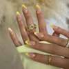 Tyuimhx Yellow Flowers Press on Nails Medium Almond Fake Nails French Tip False Nails With Yellow Floral Pearls Designs Full Cover Stick on Nails Acrylic Artificial Nails for Women Girls 24Pcs