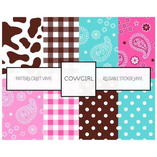 Cowgirl Pattern Vinyl Reusable Adhesive Craft Vinyl (Leaves no Residue) Western Paisley Plaid Polka Dot Patterns 12 inch by 12 inch - 3 Sheets
