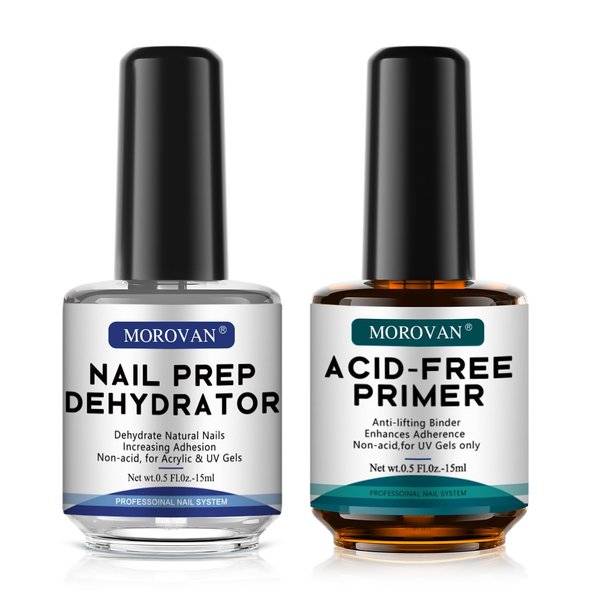 Morovan Professional Natural Nail Prep Dehydrate and Acid-Free Primer, Dehydrator for Acrylic and Gel Nail Polish, Non Acid Primer for UV Gels Fast Dry Superior Bonding Agent Gift Box Set