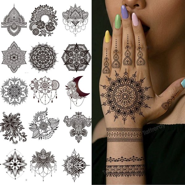 Henna Tattoos -20 Sheets Flower Temporary Tattoos Henna Flower Lace Design Waterproof Tattoo stickers for Women Wedding Party Festivals Parties Decoration Suppliers (black)