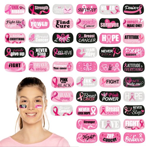 480 Pcs Breast Cancer Awareness Face Tattoos Bulk 48 Styles Pink Ribbon Temporary Tattoo Glitter Decals Eye Body Waterproof Tattoo Stickers for Breast Cancer Awareness Party Supply for Women
