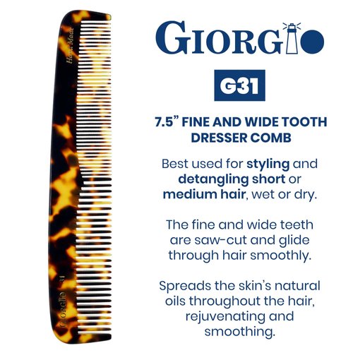 Giorgio G31 Fine Tooth and Wide Tooth,Hair Comb - Hair Styling Comb for Men, Grooming Hair Combs for Women, Mens Beard Care Combs for Detangling and Styling - Handmade Saw-Cut and Hand Polished