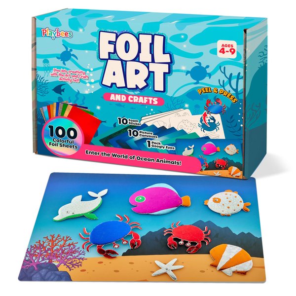 Playbees Foil Art Kit Sea Animals - Preschool Arts and Crafts Kit for Kids- No Mess Art for Boys & Girls Ages 4, 5, 6, 7, 8, 9 Years Old - DIY Creative Activity - Art & Craft Activity