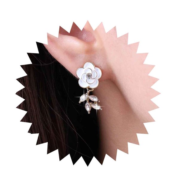 Sttiafay Vintage Crystal Flower Earrings Rhinestone Leaf Drop Earrings White Camellia Stud Earring Gold Cz Flower Bridal Earrings Jewelry for Women and Girls