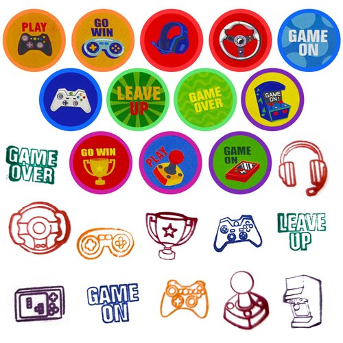 Cinrobiye 24 Pcs Video Game Party Stampers for Boys Girls,Gamer Party Birthday Party Supplies Favors, Classroom Rewards Carnival Prizes, Goodie Bag Pinata Fillers for Game On Party