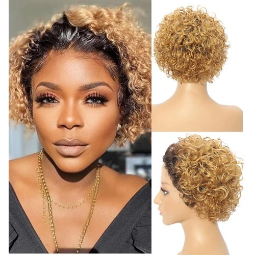 ELIO Ombre Short Curly Lace Front Wigs Human Hair Wigs for Black Women T/27 Pixie Cut Wigs Human Hair Short Curly Human Hair Wigs Pre Plucked with Baby Hair 150% Density