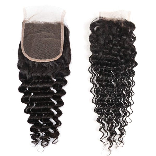 Deep Wave Closure Size 4"x4" 150% Unprocessed Brazilian Virgin Human Hair Bleached Knots Free Part Top Front Lace Closure Naturl Black Soft and Smooth (Brazilian NS-18inch 4x4)