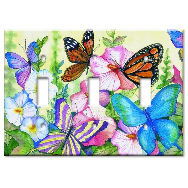 Art Plates - Triple Gang Toggle Decorative Metal Wall Plate - Garden Butterflies - (Made in USA)
