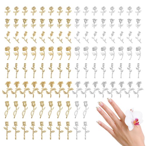 160pcs Gold Charms for Nails,3D Vintage Rose Nail Charms Gold and Sliver Romantic Flowers Nails Decorations Metal Alloy Nail Art Gems for Acrylic Nails Decoration DIY Craft Making