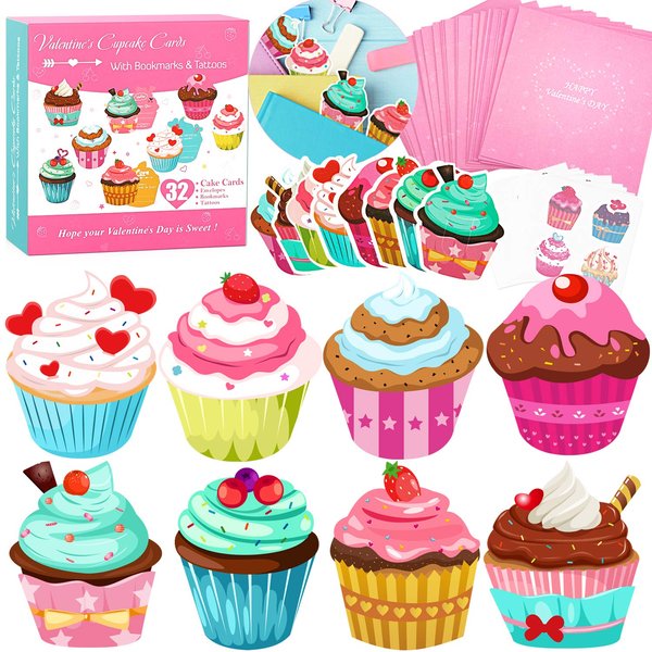 WEBSUN Valentines Day Cards for Kids 32 Pack with Cute Bookmarks, Temporary Tattoos & Pink Envelopes - Perfect Cupcake Valentines Day Cards for School Classroom Exchange Gifts