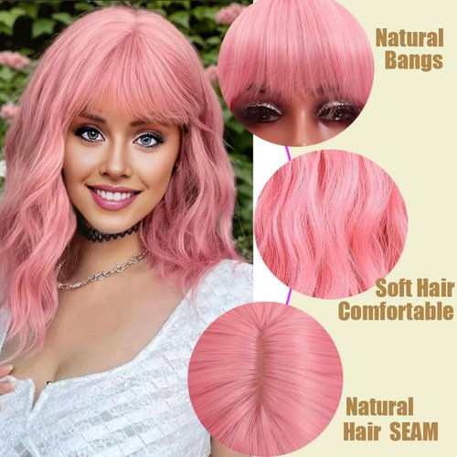 Retoleca Pink Curly Wavy Bob Wig with Bangs Short Bob Wigs for Women Shoulder Length Glueless Synthetic Wigs(14inch,Pink)