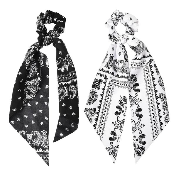 Hair Scarf Scrunchies Hair Bow Ribbons for Women Hair Scrunchy with Ribbon Bow Scarf Hair Tie Ponytail Holders for Girls Women Paisley Bandana Hair Ribbon Scrunchie Retro Ribbon Scarf Hair Band 2Pcs