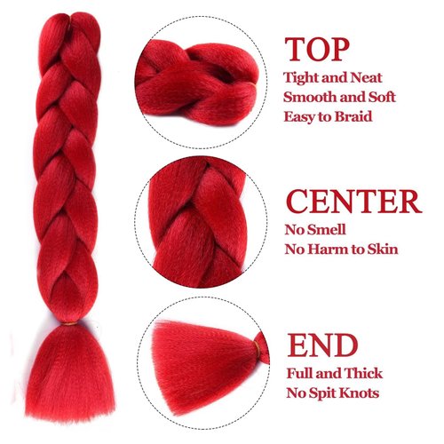 Royota Jumbo Braiding Hair Red Hair Extensions 3 Pack 24 Inch for Braid Hair High Temperature Synthetic Colored Hair Extensions For Braiding(3 Packs 24", Red)