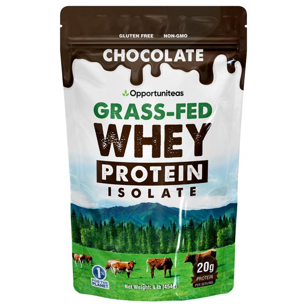 Opportuniteas Grass Fed Chocolate Whey Protein Isolate Powder - 20g Protein Powder Without Artificial Sweeteners, Hormone-Free Happy Cows, Non GMO - 1lb