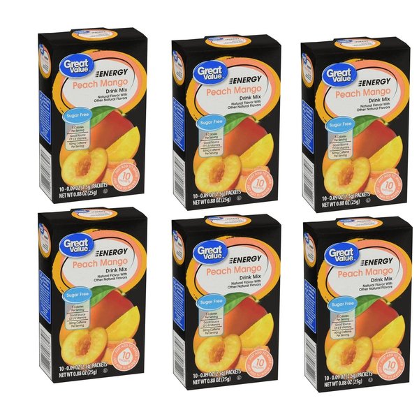 Great Value Sugar Free, Low Calorie ENERGY Peach Mango Drink Mix (Pack of 6)