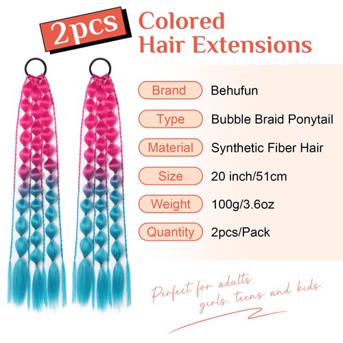 Colored Hair Extensions, Behufun 2Pcs 20" Lightweight Colored Hair Extensions for Kids Bubble Ponytail Extension with Hair Tie, Ombre Crazy Hair Day Accessories for Girls Festival Rave B41