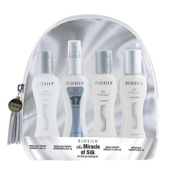 Biosilk The Miracle of Silk Kit | Contains Silk Therapy Shampoo, Conditioner, Original Leave-In Treatment, Miracle 17 Leave-In Treatment | 2.26 Ounces Each | On the Go Styling Kit |