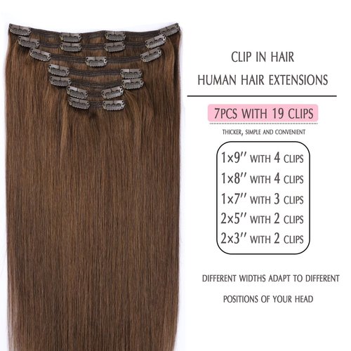 Clip in Hair Extensions Real Human Hair, SURNEL Chocolate Brown Real Human Hair Extensions Clip in Straight Remy Hair Extensions 140g 7pcs 14 Inch Hair(#4-14'')
