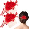 2 PCS Flower Hair Comb Red Rose Comb Red Hair Clip Gold Rose Bridal Side Combs Floral Rhinestone Pearl Combs Pearl Flower Wedding Hair Piece Bridal Hair Comb Sparkly Hair Accessory for Women