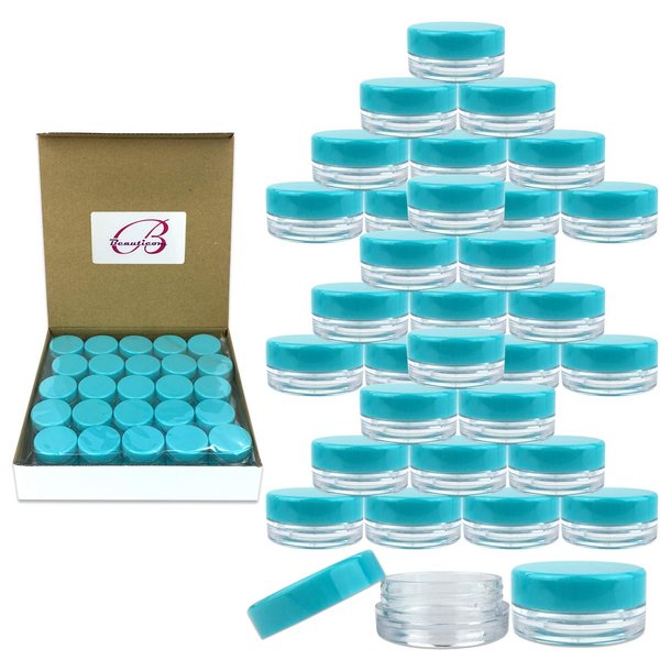 Beauticom (150 Pieces Jars + Lid) 3G/3ML Round Clear Jars with TEAL Sky Blue Screw Cap Lids for Scrubs, Oils, Toner, Salves, Creams, Lotions, Makeup Samples, Lip Balms - BPA Free