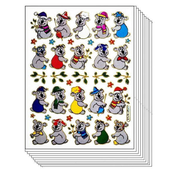 Stickers Glitter Pack 10 Sheets Cute Koala Bear Cartoon Paper Sticker for Children Kids Stickers Supplies School Scrapbooking Diary Card Birthday (04)