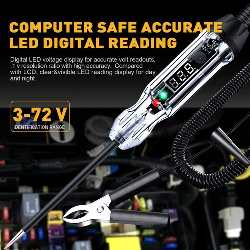 Upgraded Buzzer Automotive Test Light, DC 3-72V Heavy Duty Digital LED Circuit Tester with Voltmeter & Dual Color Polarity Indicate Light, Bidirectional Auto Voltage Tester Electric Light Test Pen
