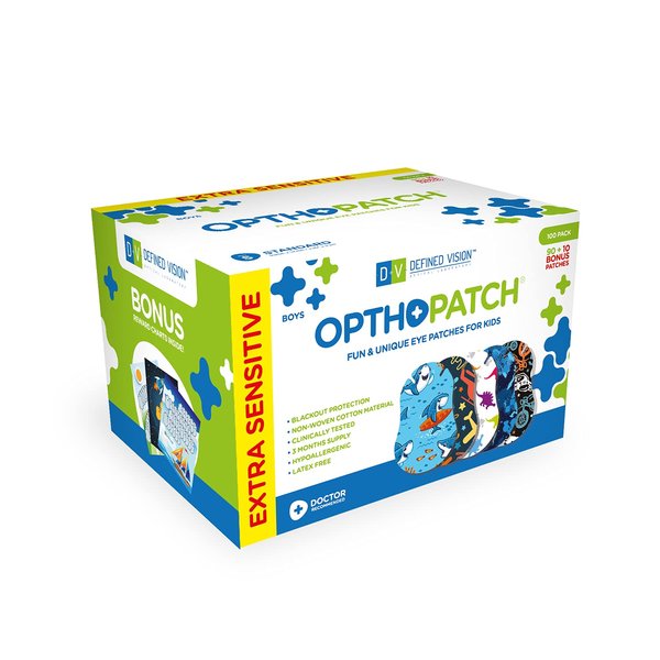 OPTHOPATCH Kids Eye Patches - Fun Boys Design - 90+10 Bonus Latex Free Hypoallergenic Cotton Extra Sensitive Adhesive Bandages for Amblyopia & Cross Eye-3 Reward Chart Posters by Defined Vision