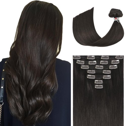 Ukira Dark Brown Human Hair Clip in Extensions, 18 Inch 120g Brown Hair Extensions Real Human Hair, Seamless Clip in Hair Extensions for women Soft Silky Straight Brown Hair Extensions