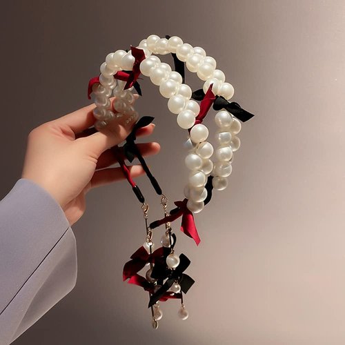 Wiwpar Pearl Headbands for Women Girls Pearl Headpiece Cute Bow Tassel Hair Band Pearl Bow Hair Hoop Party Hair Accessories (Black)