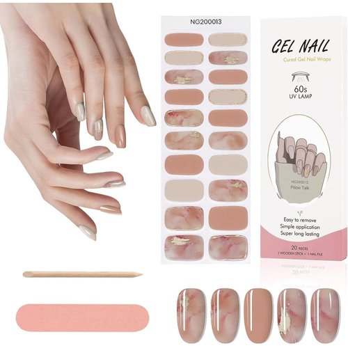 Kalolary Semi Cured Gel Nail Strips, Long Lasting Gel Nail Art Stickers with Any Nail Lamps, 20pcs Gel Nail Wrap Stickers Easy Apply&Remove with Nail File & Stick