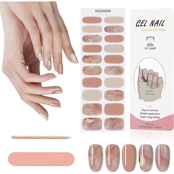 Kalolary Semi Cured Gel Nail Strips, Long Lasting Gel Nail Art Stickers with Any Nail Lamps, 20pcs Gel Nail Wrap Stickers Easy Apply&Remove with Nail File & Stick