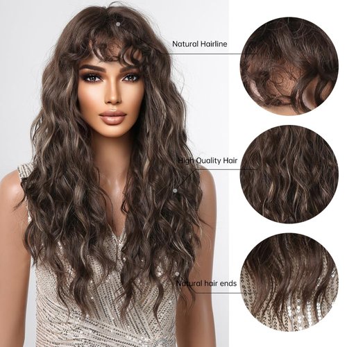testar Brown Curly Wigs For Black Women Long Brown Mixed Blonde Highlight Curly Wavy Wigs With Bangs Natural Looking Synthetic Hair Wigs For Daily Party Cosplay Use