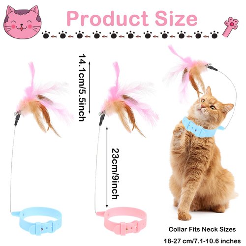 2Pcs Cat Collar Toy, Adjustable Cat Feather Neck Collar Toy Cat Teasing Wand with Silicone Collar, Funny Cat Stick, Interactive Self Playing Toys Bell for Indoor Cat Playing Small Animals(Blue, Pink)