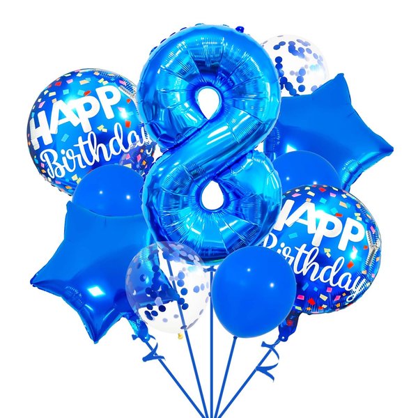 8 Balloon Number, Dark Blue Balloon, Blue Confetti Latex Balloon Foil 8 Birthday Balloon for Anniversary Supplies Kids Birthday Party Banquet Decoration