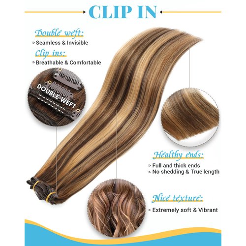 Evala Clip in Hair Extensions, 7pcs 120g Clip in Hair Extensions Real Human Hair 18 inch Clip ins #P4/27 Chocolate Brown to Caramel Blonde Hair Extensions Clip ins Brown Human Hair Extensions