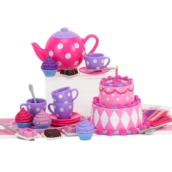 Sophia's Complete Cake & Tea Party Accessories Set with Teapot, Teacups, Utensils, Pretend Dessert and Drinks for 18" Dolls, Pink/Purple