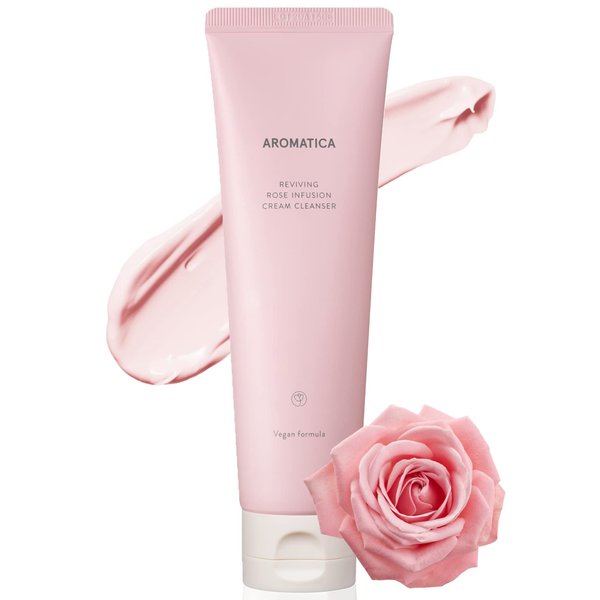 AROMATICA Reviving Rose Infusion Cream Cleanser 5.11oz /145g Double Cleanser, Hydrating Foaming cleanser for dry skin with Damask Rose Water and Rose Oil | Vegan, Cruelty Free