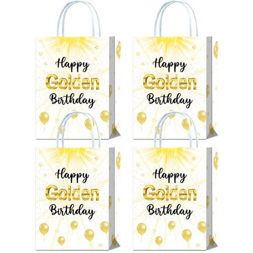 Tyndallrays 16 Pieces Happy Golden Birthday Goodie Bags for Golden Birthday Party Supplies,5th, 21st, 24th, 25th, 28th, 30th, 50th 60th Birthday Party Favors Bags with Handles