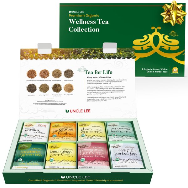 Uncle Lee's Tea Imperial Organic Tea Gift Set - Wellness Tea Sampler Gift Box with Green Tea, White Tea, Chai Rooibos Tea, and Sleep Tea, Individually Wrapped Tea Bags Variety Pack, 48 Count