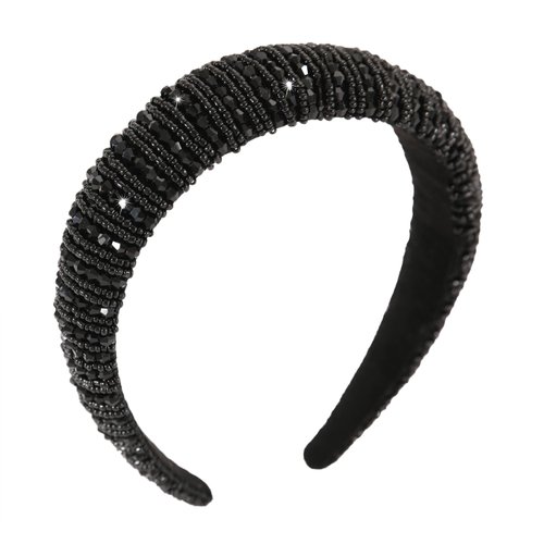 Gmmidea Beaded Rhinestone Headband for Women Girls Fashion Sparkly Crystal Headband Bling Thick Padded Headband Fancy Jeweled Hair Band Holiday Glitter Hair Accessories A-Black