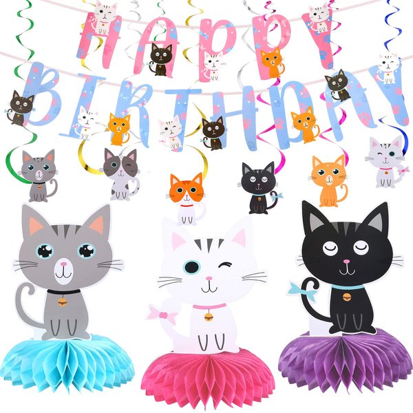 Chinco 16 Pcs Cat Theme Birthday Party Decorations Party Supplies Kit, Includes Cat Party Banner with 6 Cat Hanging Cutouts 6 Hanging Swirl Decor and 3 Birthday Honeycomb Party Decoration(Cool Style)