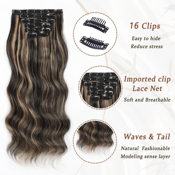 Vigorous Clip in Hair Extensions Black Mix Blonde Long Wavy Hairpieces 20Inch Hair Extensions Clip Ins Soft Synthetic Hairpieces for Women (7Pcs)