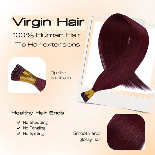 MioYio I Tip Hair Extensions Human Hair 50G/Pack Virgin Hair Itip Human Hair Extensions #99J Wine Red Pre Bonded I Tip Real Hair Extensions Long Straight Burgundy 22Inch