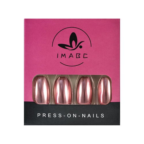 iMABC 24pcs Oval Short Length Pink Metallic Press On Nails Glossy Mirror Fake False Nails Tips Full Cover Solid Color Artificial Nail for Women Girls