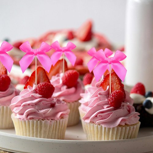 Bow Cupcake Toppers, Ribbon Bow Cake Topper for Baby Shower Cake Decor Girls Bow Coquette Themed Birthday Party Decorations (Rose Red)